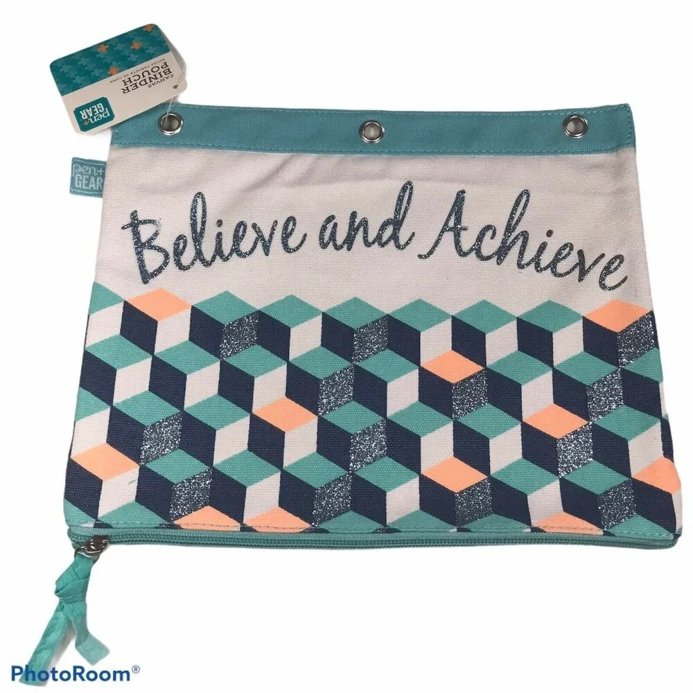 Pen and Gear Canvas Binder Pouch “Believe and Achieve” Blue 11” X 9” New